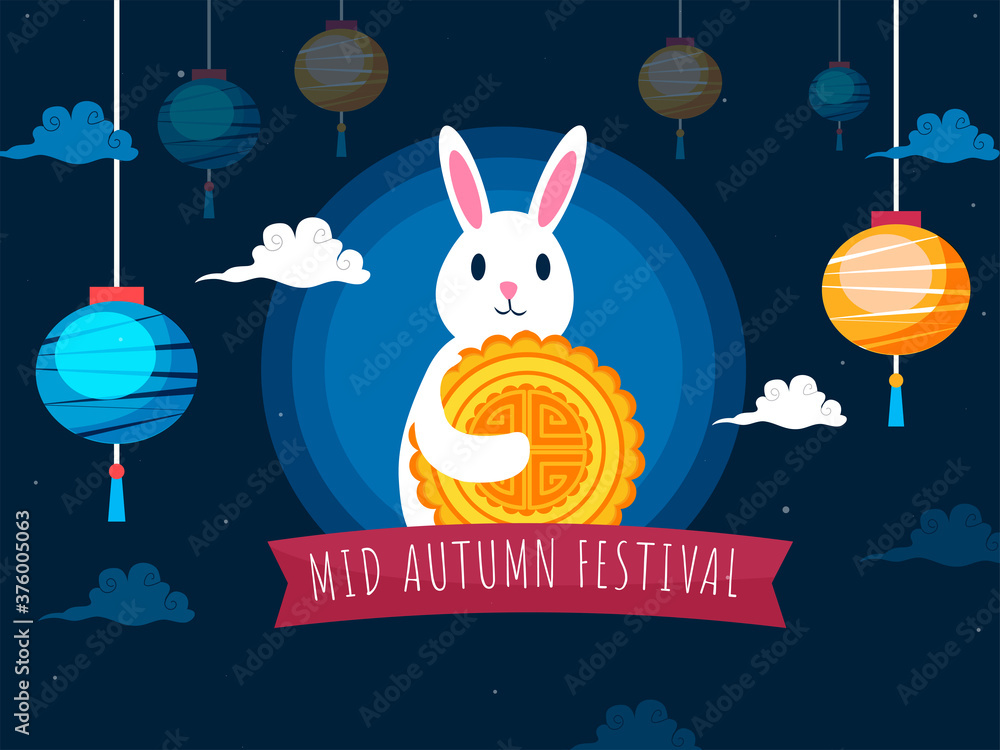 Sticker Mid Autumn Festival Poster Design with Cartoon Bunny Holding a Mooncake and Hanging Chinese Lanterns Decorated on Blue Background.