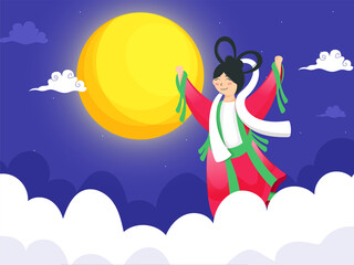 Happiness Chinese Goddess (Chang'e) Character and Clouds on Full Moon Blue Background.