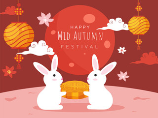 Obraz na płótnie Canvas Cartoon Bunnies Holding a Mooncake, Flowers, Clouds and Hanging Chinese Lanterns Decorated on Dark Red and Pink Background for Happy Mid Autumn Festival Celebration.