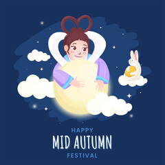 Fototapeta na wymiar Chinese Goddess (Chang'e) of Moon with Cartoon Bunny Holding Mooncake and Clouds Decorated on Blue Background for Happy Mid Autumn Festival.