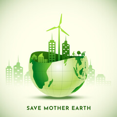 Save Mother Earth Concept with Eco City View Over Glossy Half Globe.