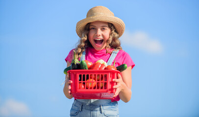 Vegetables market. Organic vegetables. Girl cute child farming. Gathering vegetables in basket. Village rustic style. Sunny day at farm. Selling homegrown food concept. Natural vitamin nutrition