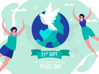International Peace Day Poster Design with Faceless Young Girls Dancing or Jumping, Dove Bird and Earth Globe on Green Background.