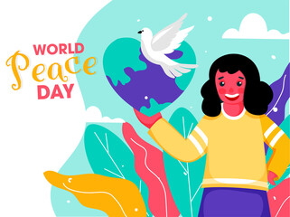 Cheerful Girl Holding Heart Shape Earth Globe with Pigeon and Leaves on White and Light Turquoise Background for World Peace Day.