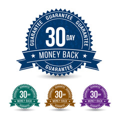 Powerful 30-day money-back guarantee 4 Colored Badge with ribbon isolated on white background.