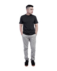 Young handsome man wearing black t shirt short sleeve isolated on background