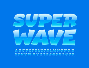 Vector creative sign Super Wave. Light Blue Font. Modern glossy Alphabet Letters and Numbers set