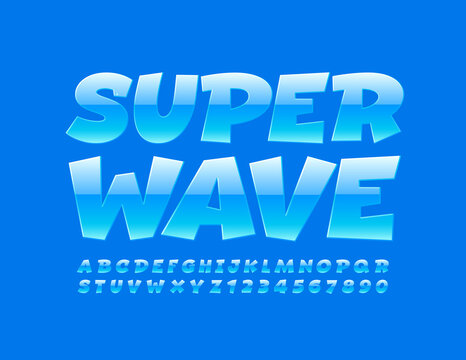 Vector creative sign Super Wave. Light Blue Font. Modern glossy Alphabet Letters and Numbers set