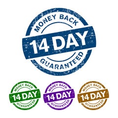 Very simple grunge styled 14 Day Money Back Guaranteed Badge, Icon, Stamp isolated on white background. Vector illustration.