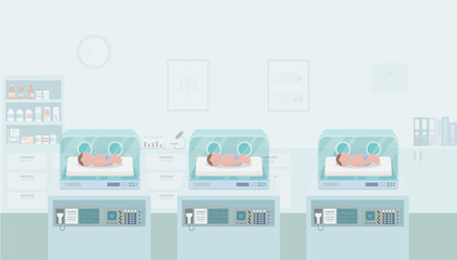 Newborn babies in incubators - obrazy, fototapety, plakaty