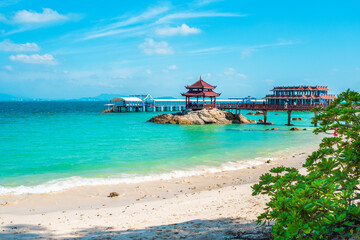 Hainan island, Sanya city.  Scenic view of Lover's Bridge in Wuzhizhou Island. Sanya Chinese Resort for summer vacation. Popular tourism destination in China. Haitang Bay.