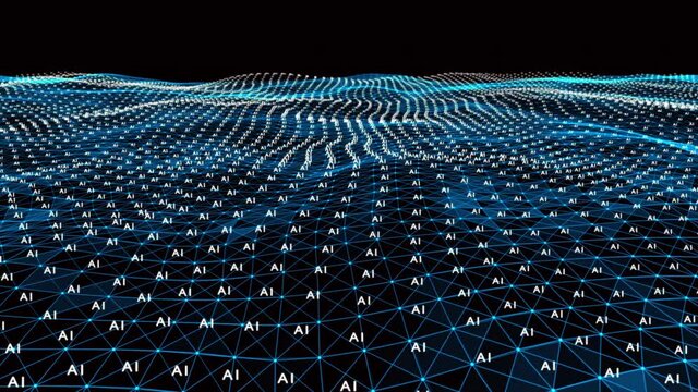 4k abstract Digital blue Wave of particles with AI word dance motion on wave and light.Futuristic dots background with a dynamic wave.Big data.Cyber or technology background.artificial intelligence.