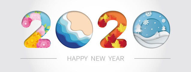 2020 happy new year paper art with spring, summer, autumn and winter. Vector illustration.