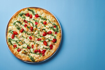 Closeup of freshly baked pizza in restaurant.