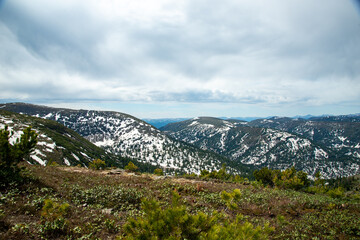 Mountain landscapes in the Khamar-Daban mountains.Spring in the mountains of Khamar-Daban, Eastern Siberia, Irkutsk region.