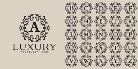 Set of initial letter luxury ornament monogram logo. decorative crown ring set . luxury silver initial alphabet logo template.
