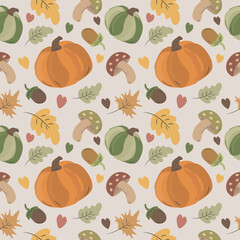 seamless pattern on an autumn theme with pumpkins, mushrooms and leaves