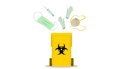 Yellow medical waste bin with medical mask, N-95 respirator, gloves, medical syringe and needle. Medical waste and waste segregation concept. Vector illustration, flat design