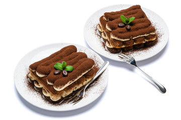 Two portions of Classic tiramisu dessert on ceramic plate isolated on white background with clipping path