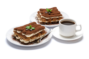 Two portions of Classic tiramisu dessert and cup of fresh espresso coffee isolated on white background with clipping path