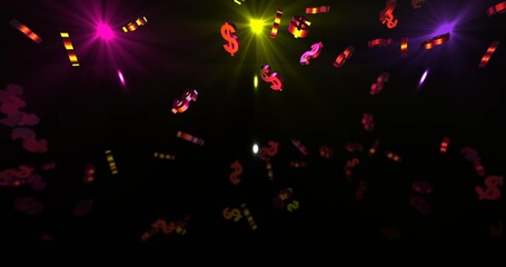 Golden 3d dollar symbols falling in neon lights falling. Finance event background. 3D render 3D illustration