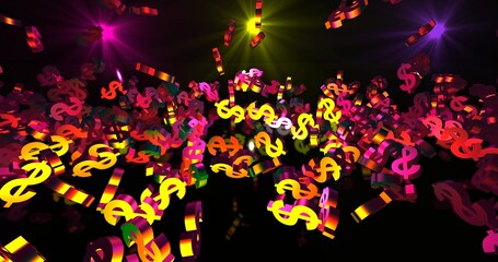 Golden 3d dollar symbols falling in neon lights falling. Finance event background. 3D render 3D illustration