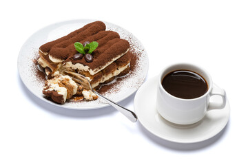 portion of Classic tiramisu dessert and cup of fresh espresso coffee isolated on white background with clipping path