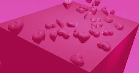 Pink cute falling polygonal hearts. Valentines Day. event background. 3D rendering 3D illustration