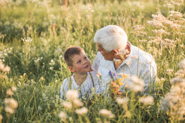family, generation, communication and people concept - happy grandfather and grandson walking at summer meadow