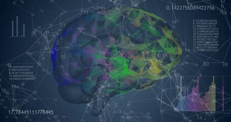 Rotating 360 low polygonal brain 3D model on blue background with animated numbers and diagrams. 4k animation