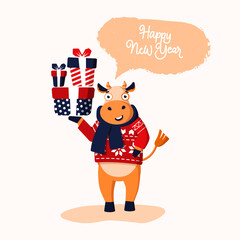 Cheerful cartoon bull in a red sweater and scarf with gifts and the inscription Happy New Year. Vector illustration symbol of 2021. 