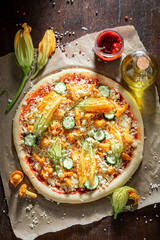 Ingredients for rustic pizza made of summer vegetables