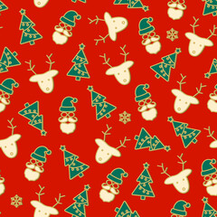 Beautiful Christmas red seamless pattern. Deer, Santa and Christmas tree icons.