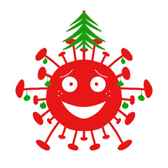 Red cartoon coronavirus bacteria with green christmas balls and fir tree on the top. Isolated on white background. Vector stock illustration.