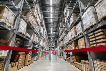 Goods on shelves of distribution center warehouse