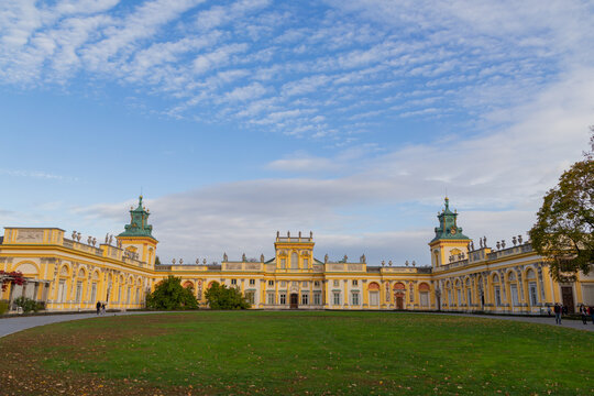 Beautiful view of the Royal Palace of Wilanow on a background of blue sky in sunny weather, Warsaw, Poland.