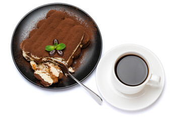 portion of Classic tiramisu dessert and cup of fresh espresso coffee isolated on white background with clipping path