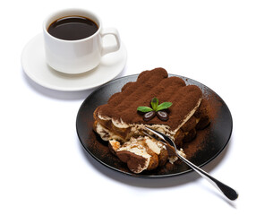 portion of Classic tiramisu dessert and cup of fresh espresso coffee isolated on white background with clipping path