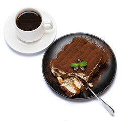 portion of Classic tiramisu dessert and cup of fresh espresso coffee isolated on white background with clipping path