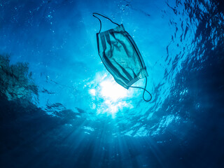 Concept of ocean pollution with a used one way facemask floating under water
