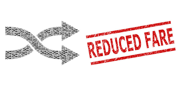 Fractal mosaic shuffle arrows right and Reduced Fare grunge seal. Vector mosaic is composed from scattered shuffle arrows right icons. Seal includes Reduced Fare title between parallel lines.