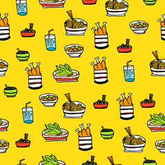 seamless pattern with food icon set isolated on yellow background. hand drawn vector. colorful doodle art, cartoon style. modern scribble for kids, wallpaper, fabric, cover, wrapping paper and gift. 