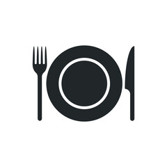 Fork knife and plate icon logo. Simple flat shape restaurant or cafe place sign. Kitchen and diner menu symbol. Vector illustration image. Black silhouette isolated on white background.