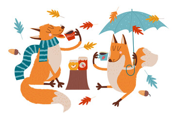 Hello, autumn. Cute foxes drink tea.