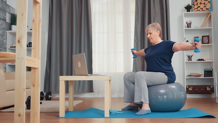 Healthy senior woman exercising with dumbbells in living room. Old person online internet training at home sport healthy lifestyle, elderly fitness exercise workout in apartment, activity and