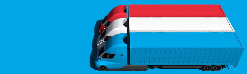 Trailer trucks form flag of Luxembourg on blue background. 3d rendering