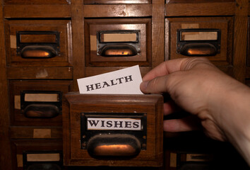 In an old filing cabinet a hand takes a card that says health