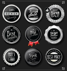 Collection of silver and black badges and labels