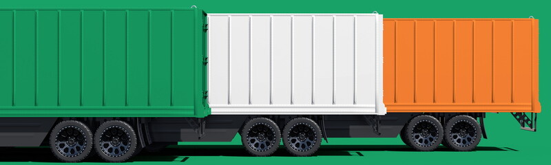 Trailers of the trucks form flag of Ireland on green background. 3d rendering