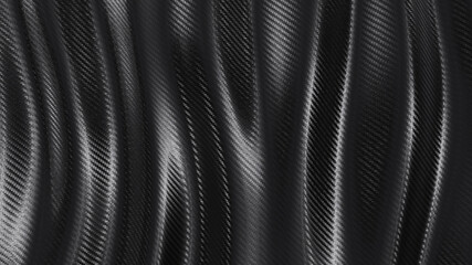 Carbon fiber wave texture wavy background. Dark with lighting. 3D rendering